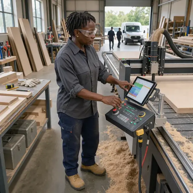a woodworker standing at a CNC machine control panel reviewing a production schedule on a tablet mounted nearby