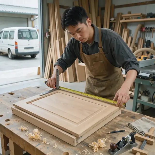 a woodworker using a precision square and tape measure to check the fit of a custom cabinet door on a workbench