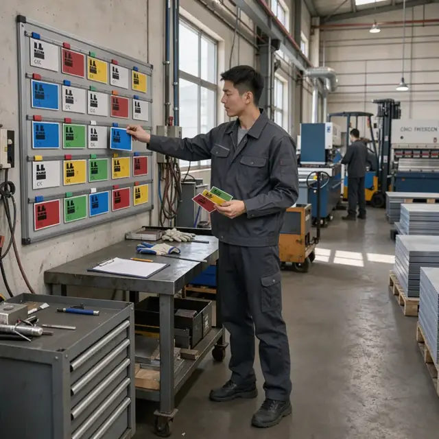 a worker standing at a large wall-mounted scheduling board placing color-coded cards representing jobs beside CNC punch and press brake icons