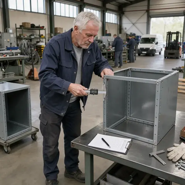 a worker using a digital caliper to measure the height of a metal filing cabinet frame on an inspection table with a checklist nearby