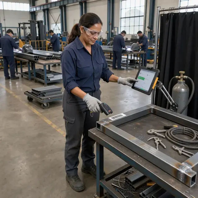 a worker in safety glasses scanning a barcode on a steel desk frame at a welding station while updating status on a tablet