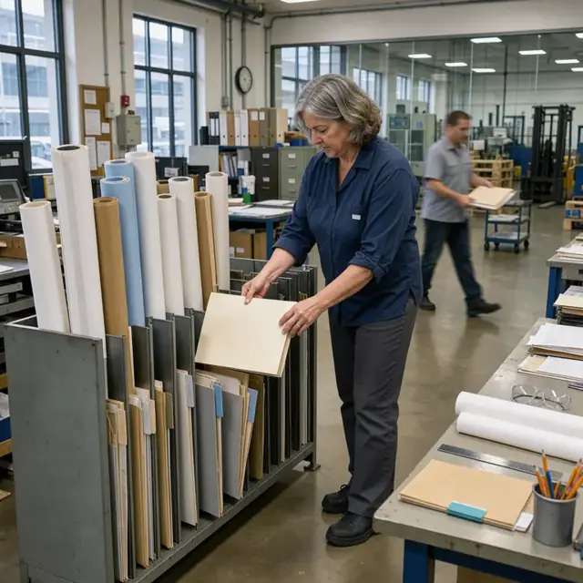 a worker organizing large rolled drawings and folders in a plan rack inside a manufacturing office