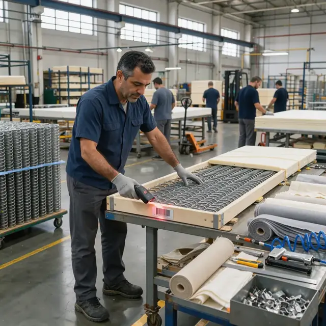 a worker scanning a barcode on a partially assembled mattress frame at the foam layup station surrounded by coils and border fabric in a busy factory