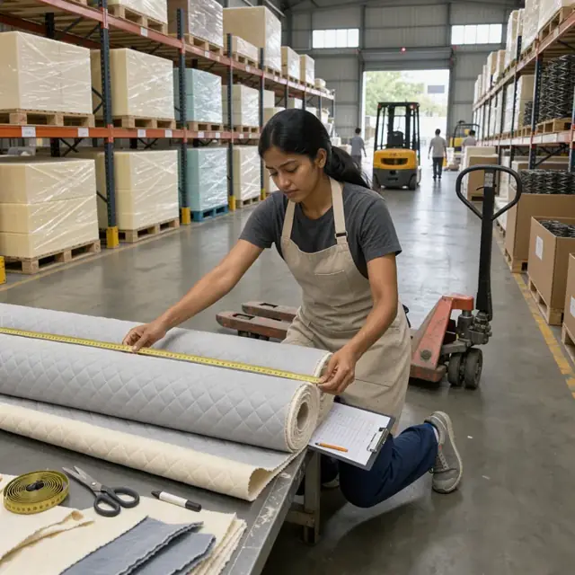 a worker measuring a large roll of quilted fabric against an inventory checklist inside a warehouse aisle lined with foam buns and coil boxes