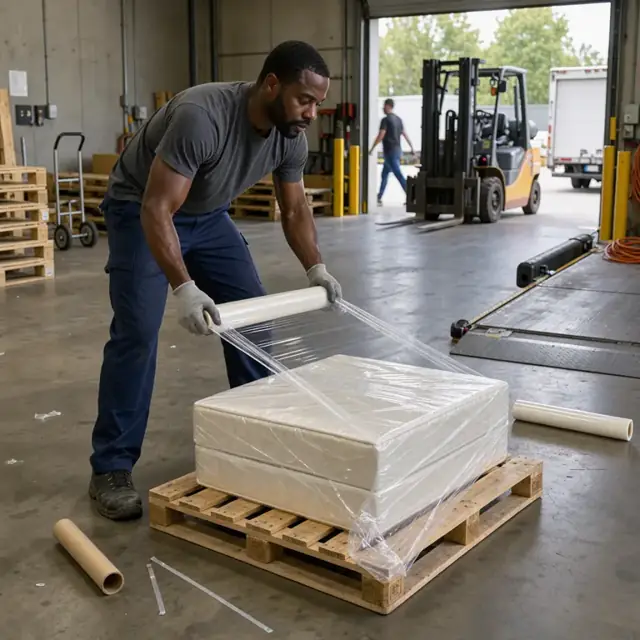 a worker wrapping a compressed mattress in plastic film on a pallet in a loading dock area with a forklift in the background