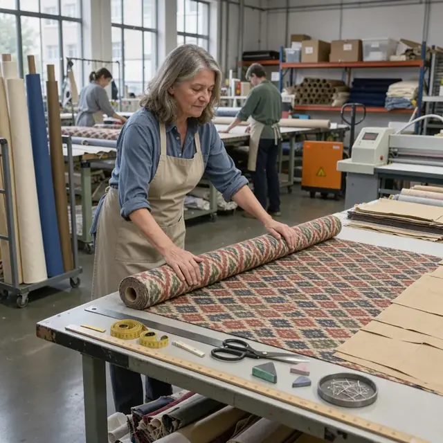 a worker unrolling a large bolt of patterned fabric across a long cutting table with measuring tools and pattern markers