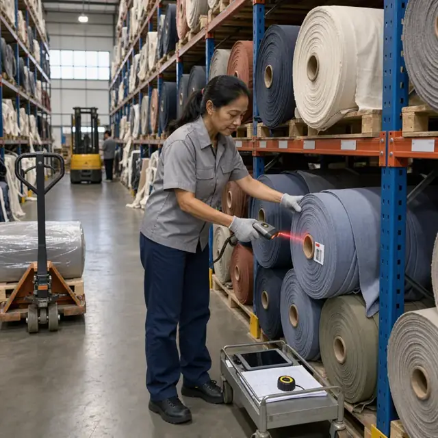 a worker scanning barcodes on large rolls of fabric stored on industrial racks in a warehouse aisle