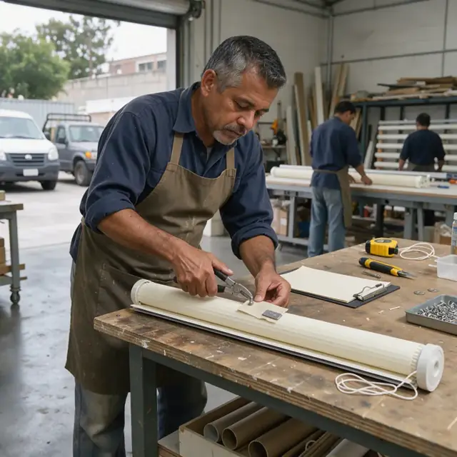 a worker at a bench attaching a fabric label and metal tag to a rolled-up cellular shade next to a testing clipboard