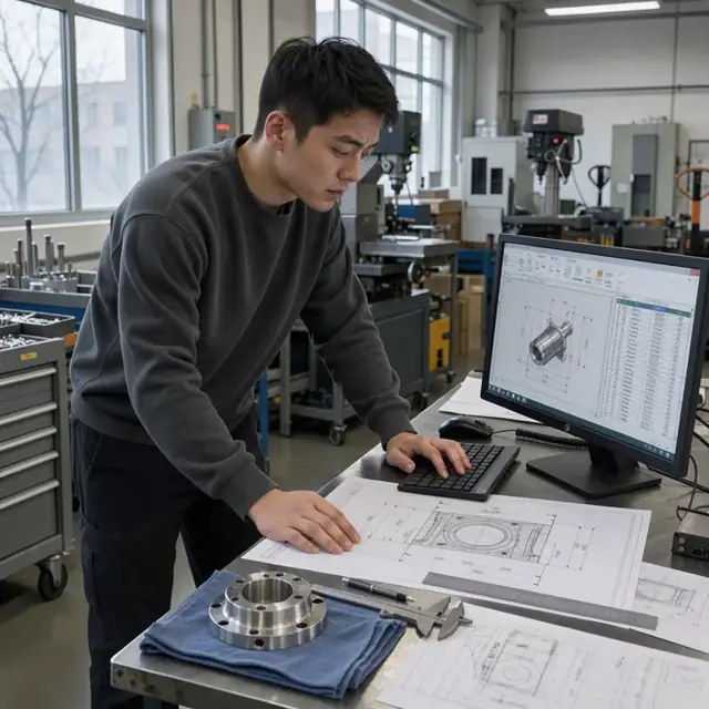 an engineer standing at a CAD station entering dimensions from a technical drawing into a bill of materials spreadsheet with calipers and a precision part on the desk