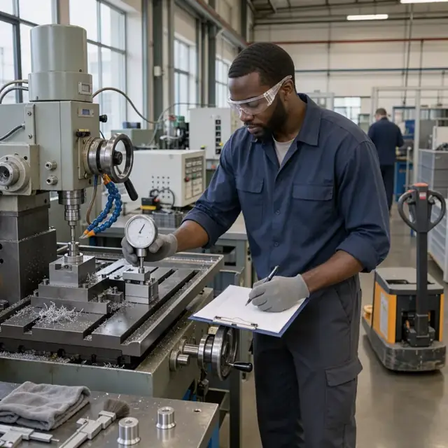 a worker in a manufacturing lab using a calibration gauge on a milling machine while updating a log sheet