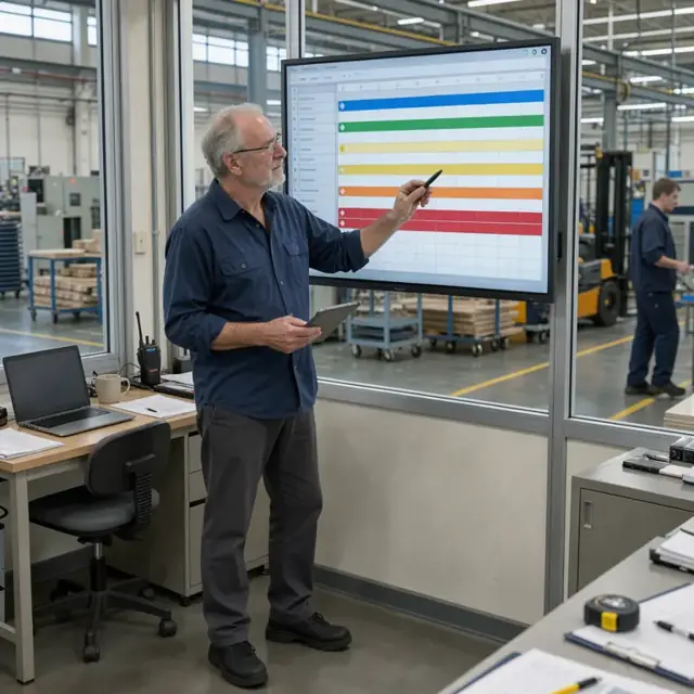a planner standing at a large wall-mounted digital screen updating a color-coded production schedule in a manufacturing office