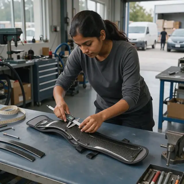 a technician using digital calipers to measure the contour of a custom carbon fiber brace on a padded inspection table