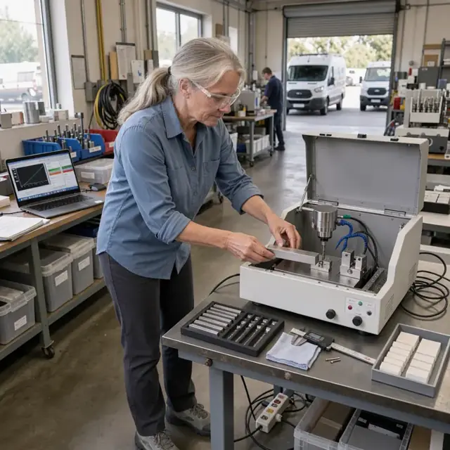 a technician performing calibration on a dental milling machine with precision gauge blocks and a laptop logging results in a workshop