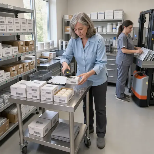 a technician scanning barcodes on boxes of zirconia blanks inside a well-organized dental lab supply room
