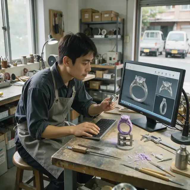 a worker examining detailed CAD renderings of a custom ring on a large monitor beside a wax model on the workbench