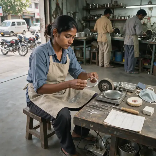 a worker at a polishing bench with a half-completed silver bracelet, precision scale and job ticket showing metal weights