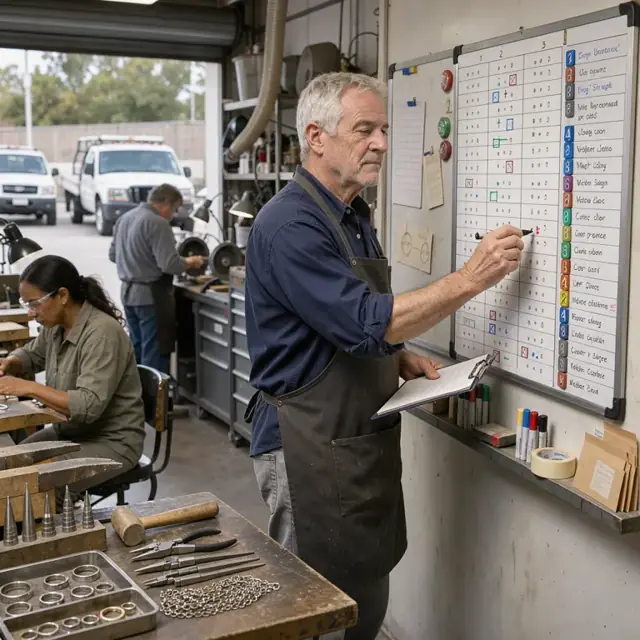 a worker standing at a wall calendar and whiteboard marking bench assignments for multiple custom ring and necklace jobs