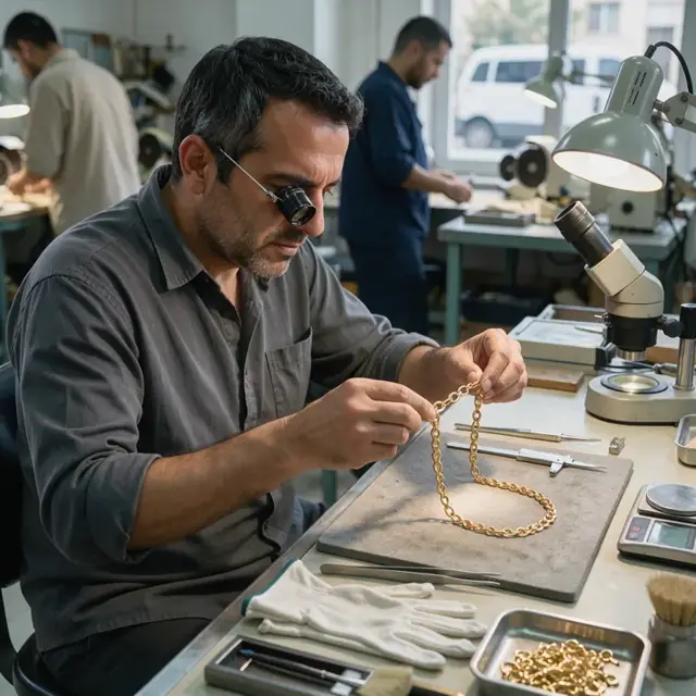 a worker using a loupe to inspect a finished gold necklace under bright task lighting at a clean inspection station