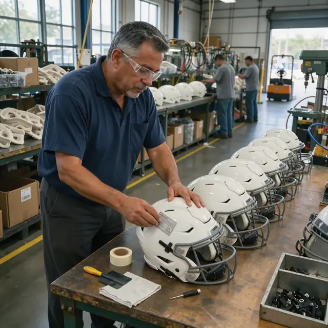 a worker attaching a certification label to a row of finished football helmets on a workbench in a manufacturing shop