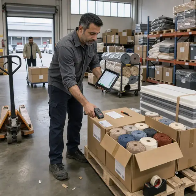 a worker scanning incoming boxes of fabric bolts and foam sheets against a digital checklist in a stockroom