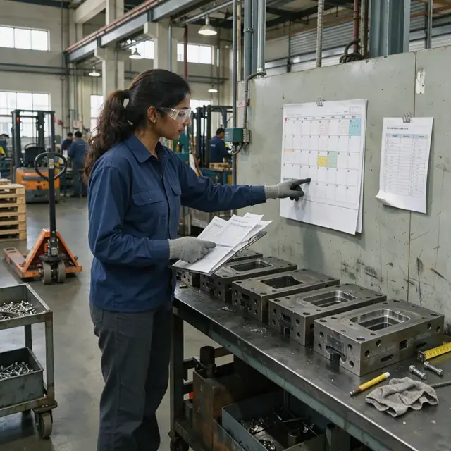 a worker reviewing a large wall calendar and printed work orders beside a row of metal molds in a manufacturing shop