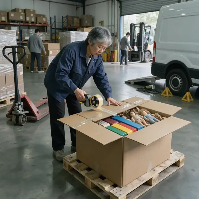 a worker sealing a large corrugated shipping box filled with board games and dolls on a pallet in a loading dock area