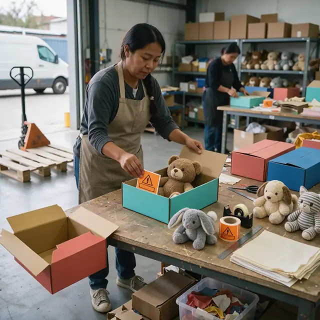 a worker applying warning labels and folding colorful cardboard boxes around finished stuffed animals on a packing table