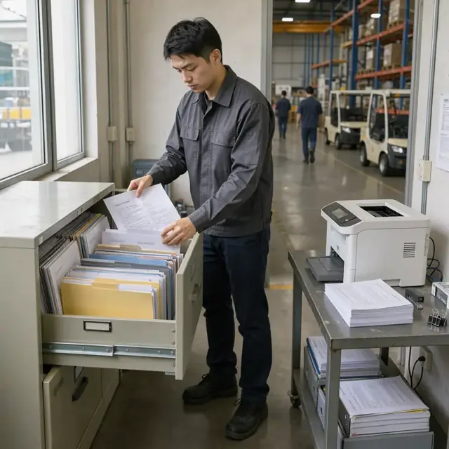 worker organizing printed safety data sheets and product specification folders in a metal filing cabinet next to a printer