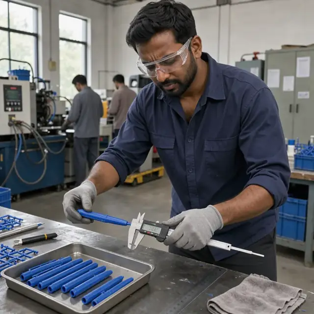 worker in safety glasses measuring the tip diameter of a freshly molded pen barrel with digital calipers at a workbench