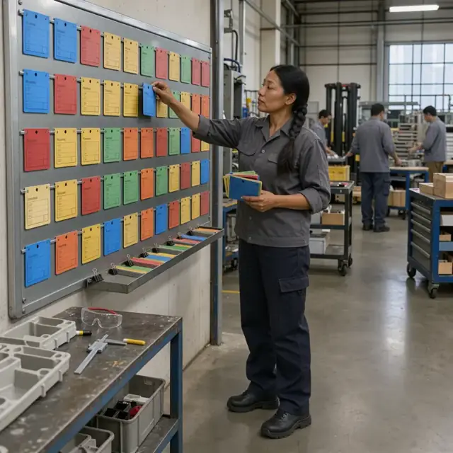 worker standing at a large wall-mounted scheduling board placing color-coded cards representing molding and assembly jobs