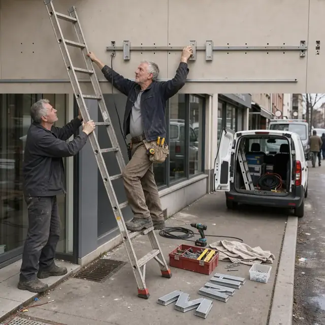a worker installing dimensional letters on a storefront facade using a ladder with tools and sign components on the ground