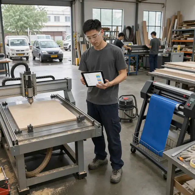 a worker standing at a large CNC router reviewing a job list on a tablet while a vinyl cutter operates nearby