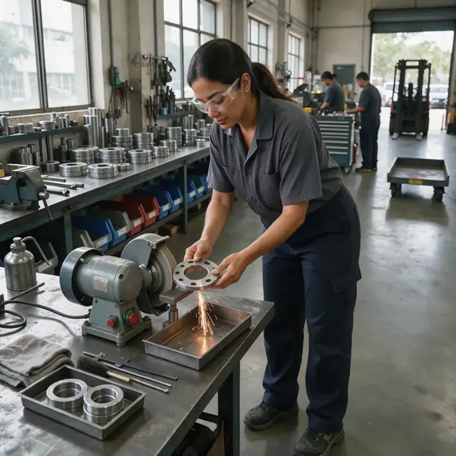 a worker polishing a metal gasket die on a bench grinder in a tool room with organized racks in the background