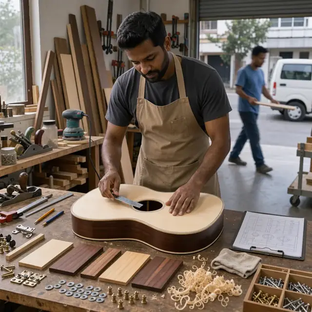 a workbench covered with various wood samples, hardware pieces and a clipboard holding a detailed specification sheet next to an acoustic guitar body