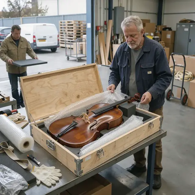 an open shipping crate lined with foam containing a cello with its neck supported and a layer of bubble wrap partially applied