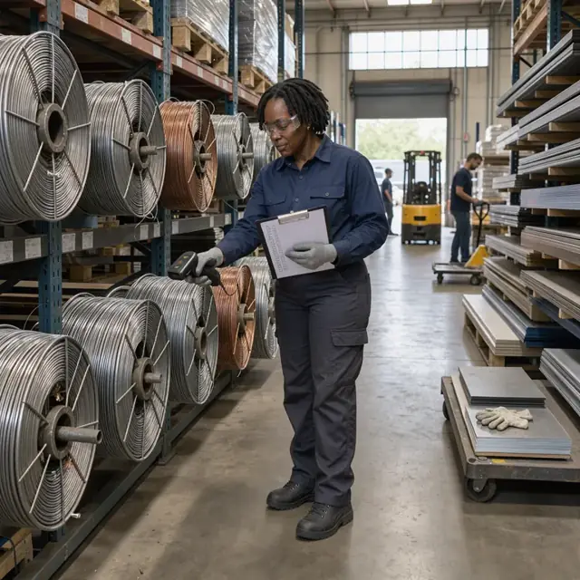 a worker in a warehouse aisle scanning metal wire spools and sheet stock against an inventory checklist