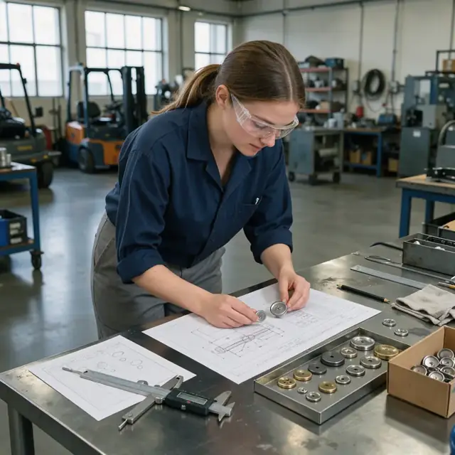 a worker at a metal desk reviewing printed specification sheets next to calipers and sample metal buttons