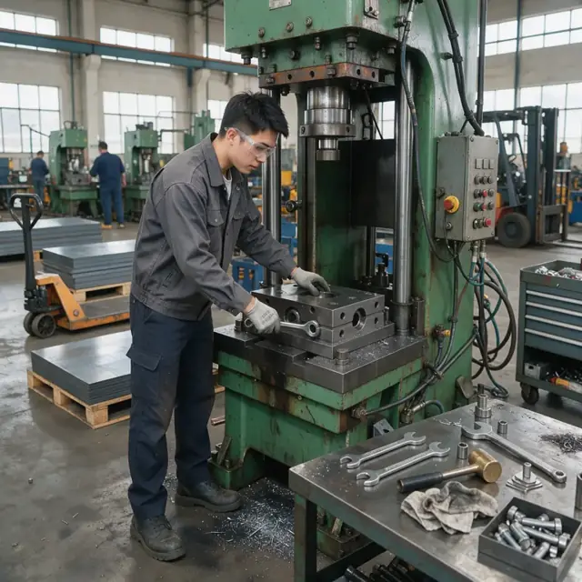 a worker standing at a large stamping press adjusting a heavy metal die with wrenches on a workbench nearby