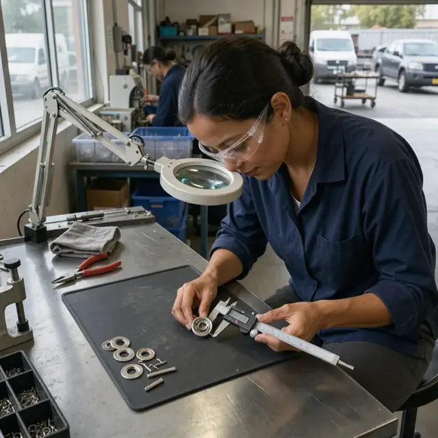 a worker using a digital caliper to measure the diameter of a metal snap fastener under a magnifying lamp