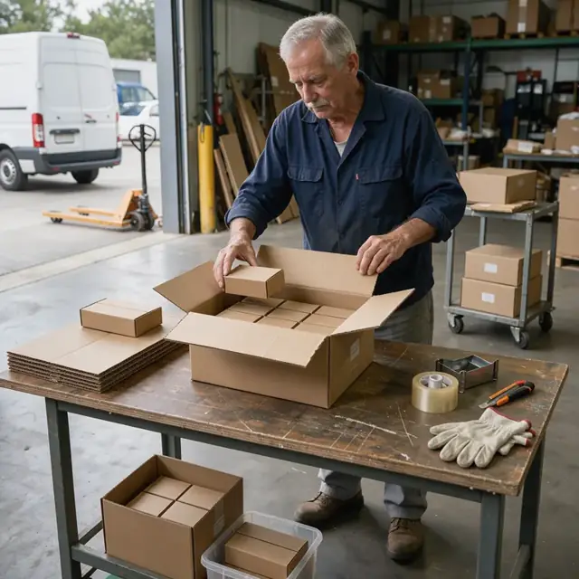 a worker packing small cardboard boxes of sewing needles into a larger corrugated shipping carton at a packing table