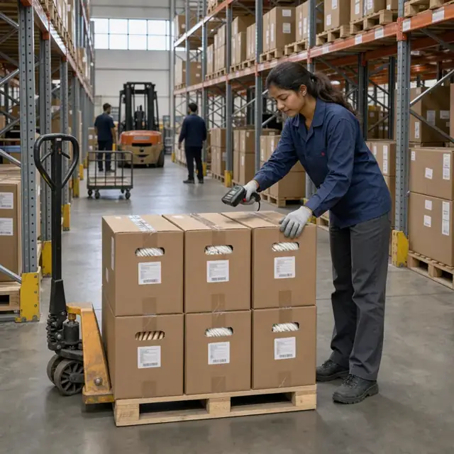 a worker using a handheld scanner to count stacked cartons of finished mops in a warehouse rack