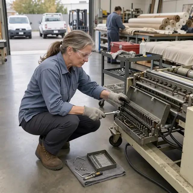 a worker in work gloves disassembling a tufting machine head to replace worn staples on a clean shop floor