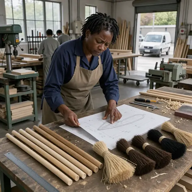 a worker at a workbench examining specification drawings next to samples of broom handles and bristle bundles