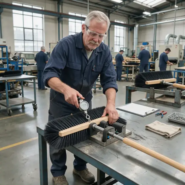 a worker at a brightly lit inspection station using a force gauge to test bristle retention on a finished push broom