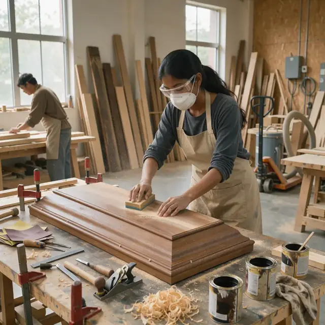a craftsperson sanding the lid of a wooden casket on a workbench surrounded by clamps, hand tools and stain cans in a woodworking shop