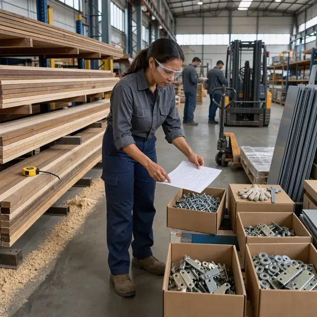 stacks of hardwood lumber, steel sheets and boxes of hardware being checked against a materials list in a factory storeroom