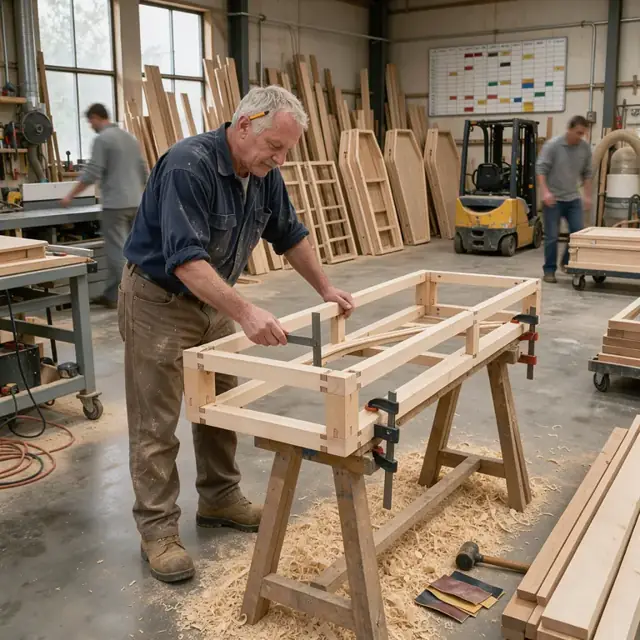 a woodworking shop with casket frames in various stages of construction lined up along the wall and a scheduling board visible