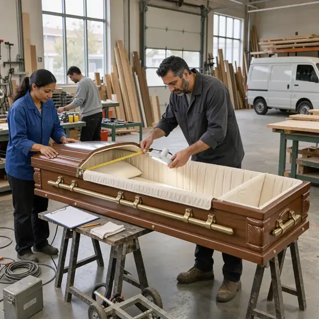 a finished wooden casket open on sawhorses in a well-lit inspection area with a clipboard, measuring tape and light being used to check the interior lining
