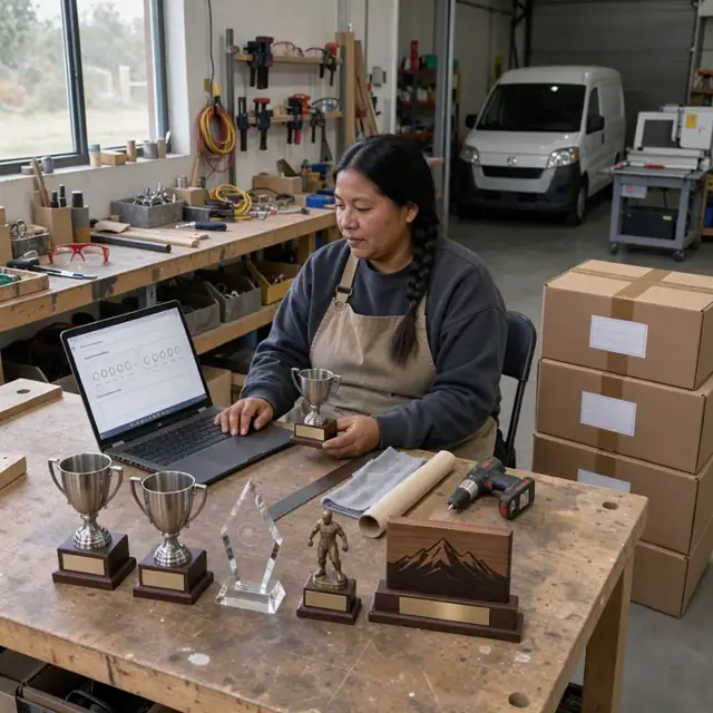 a workshop desk with finished custom trophies, a laptop open to a customer feedback form and neatly stacked shipping boxes