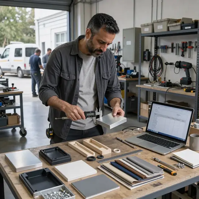 a workbench covered with product samples, calipers, material swatches and a laptop displaying a detailed quote form